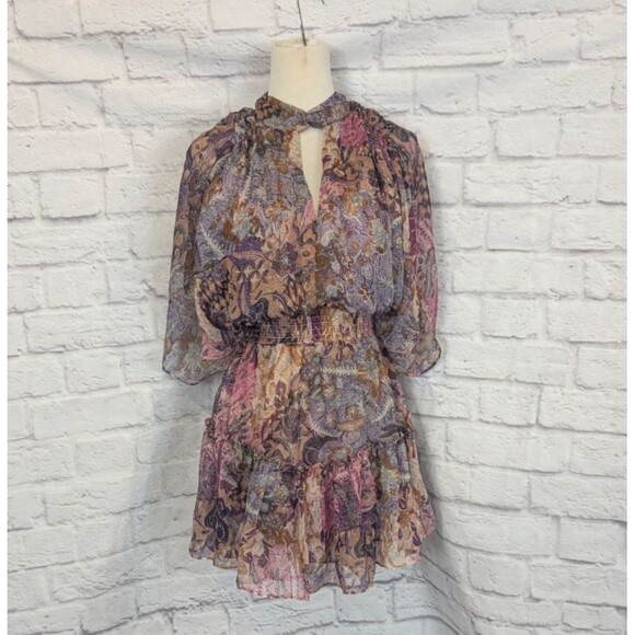 MISA Los Angeles Callas Batik Print Chiffon Minidress Keyhole Front & Back Sz Sm - Picture 1 of 7